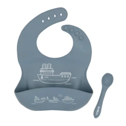Silicone Catch Bib And Spoon Set - Boats Slate Blue